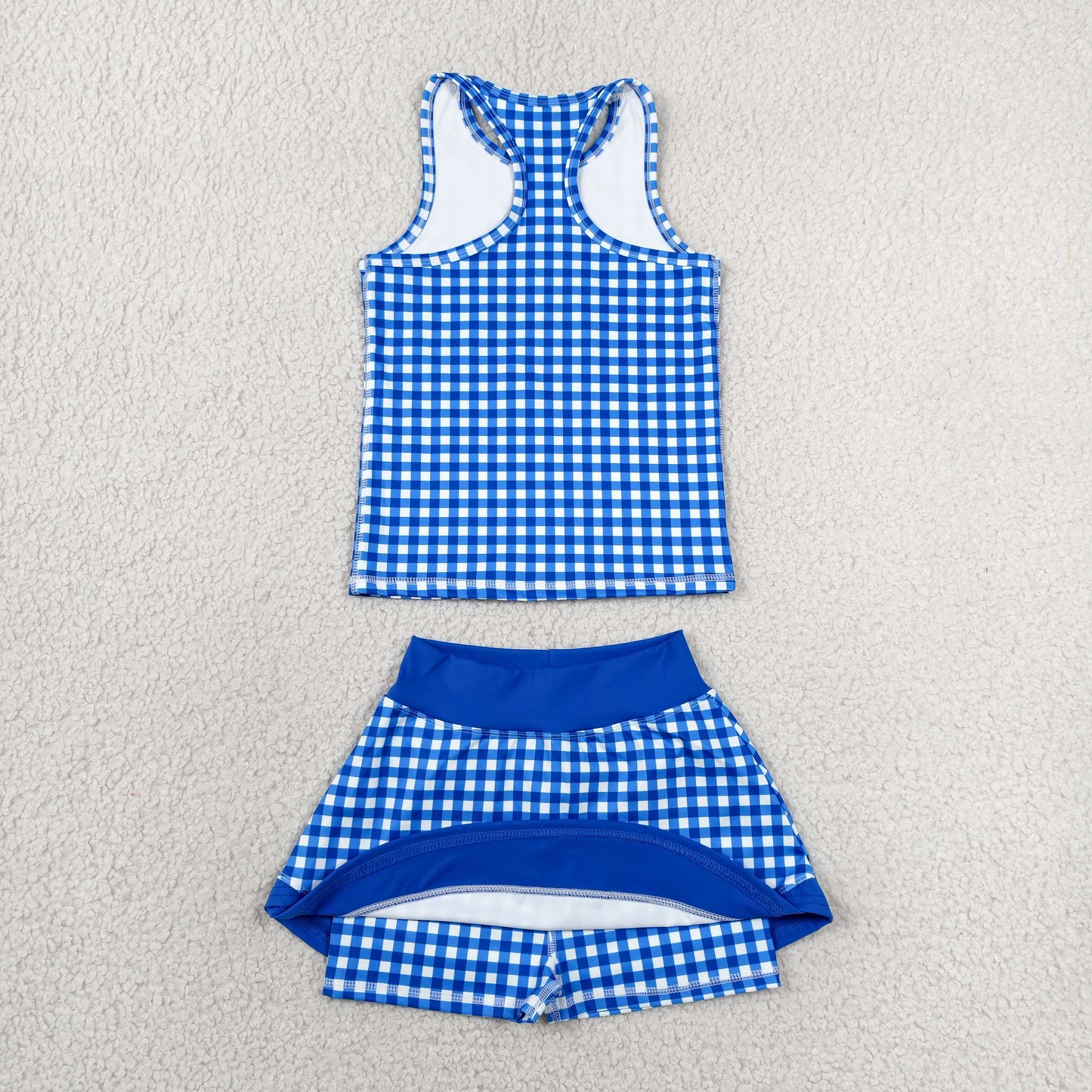 GSD3652 RTS NO MOQ （In stock）Sleeveless blue plaid top skirt kids girls active set