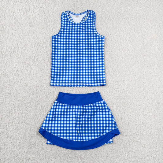 GSD3652 RTS NO MOQ （In stock）Sleeveless blue plaid top skirt kids girls active set