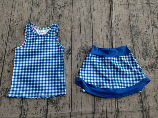 4.7 GSD3652 Sample No Moq Baby Girls Blue Checked Tunic Skirt Short Yoga Active Clothes Sets