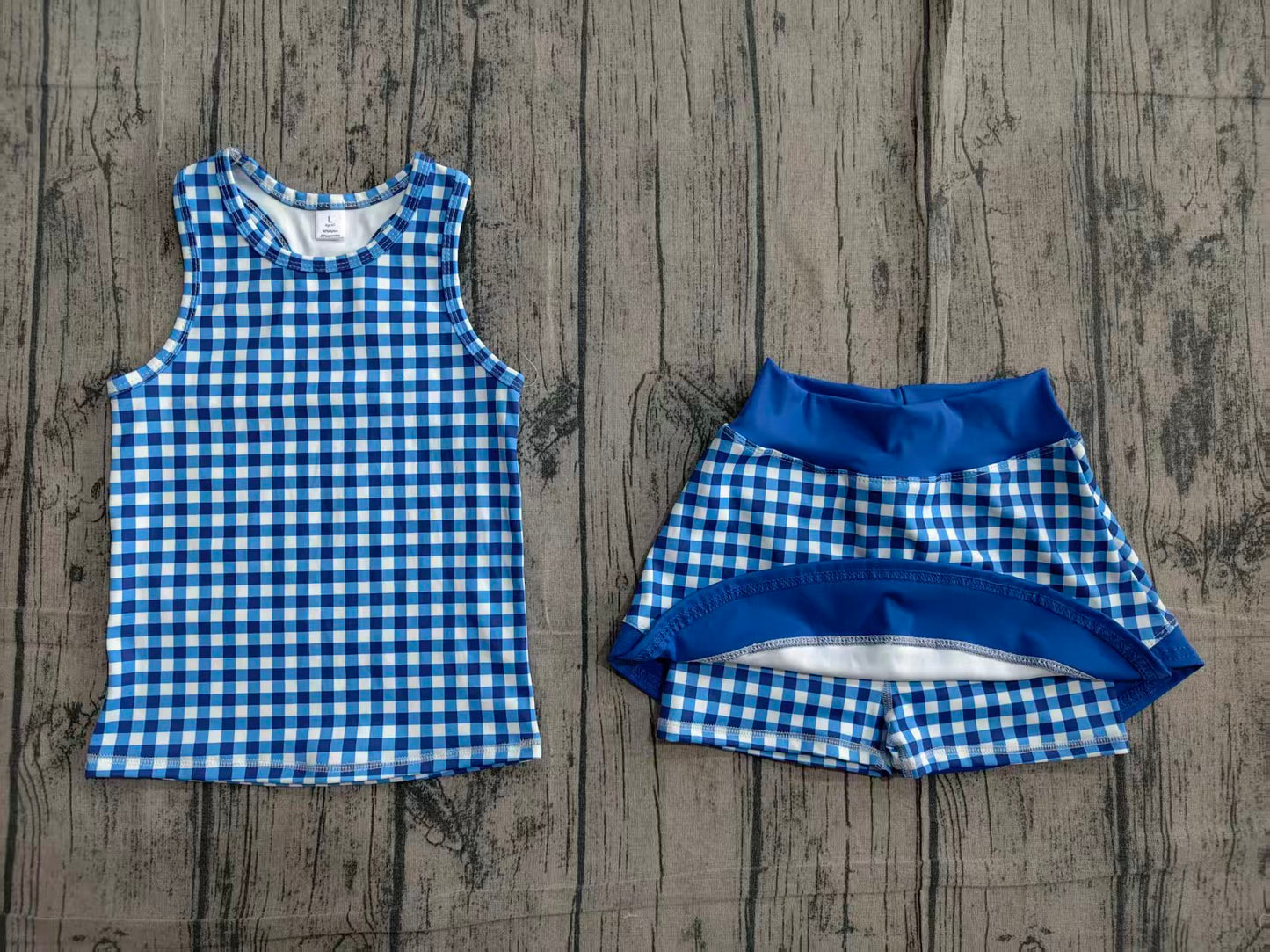 4.7 GSD3652 Sample No Moq Baby Girls Blue Checked Tunic Skirt Short Yoga Active Clothes Sets