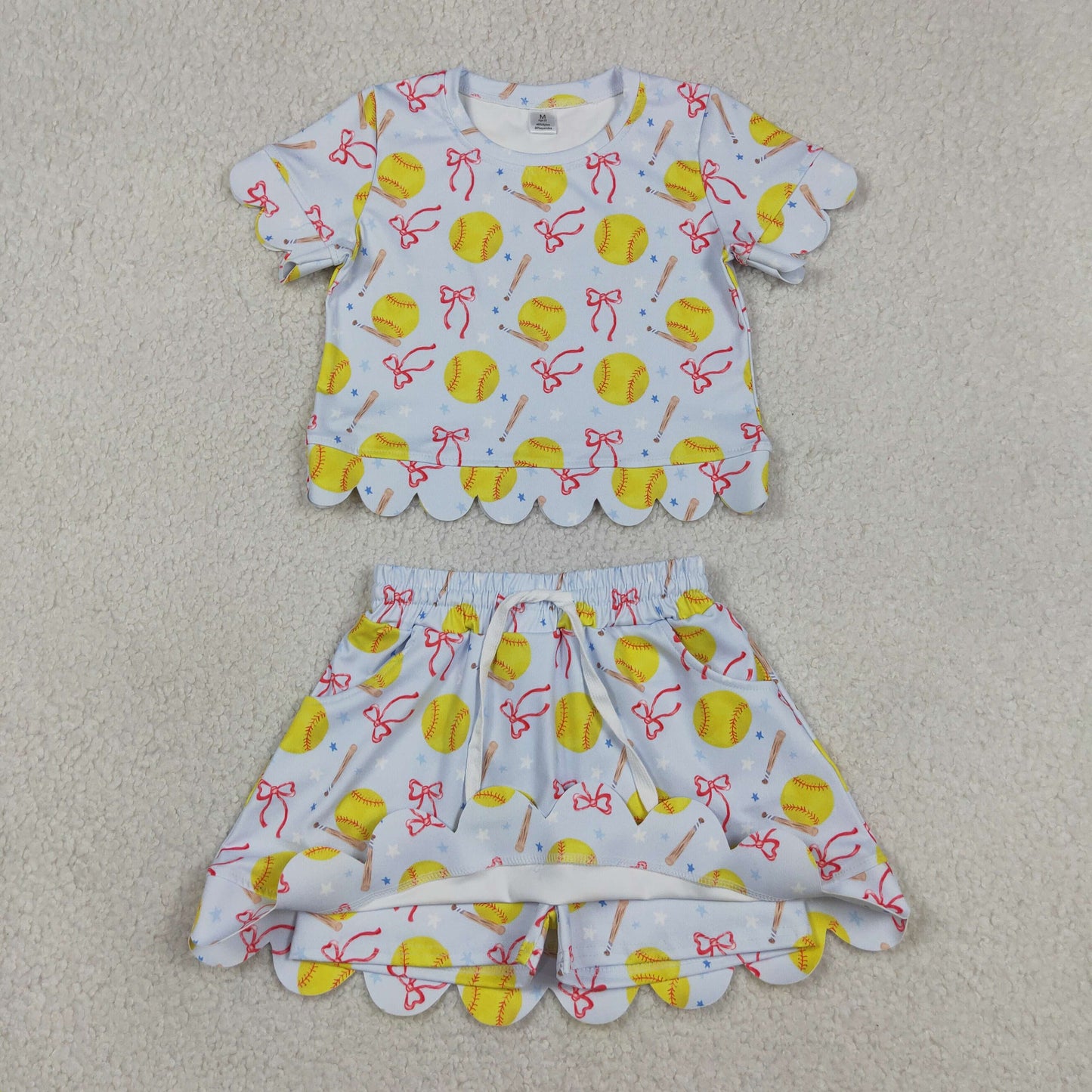 GSD3655 RTS NO MOQ （In stock ）Short sleeves softball bow scallop top skirt girls active outfit