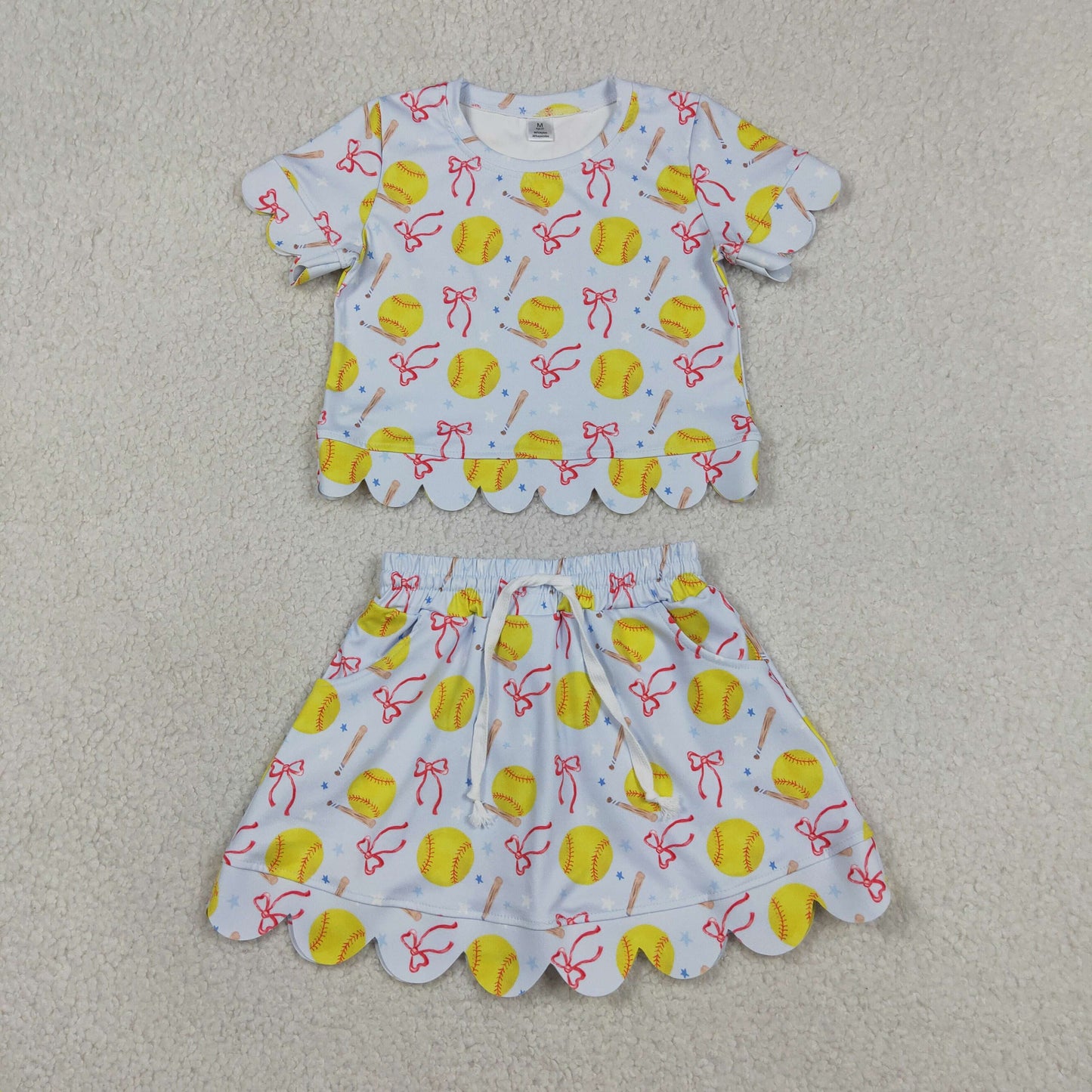 GSD3655 RTS NO MOQ （In stock ）Short sleeves softball bow scallop top skirt girls active outfit