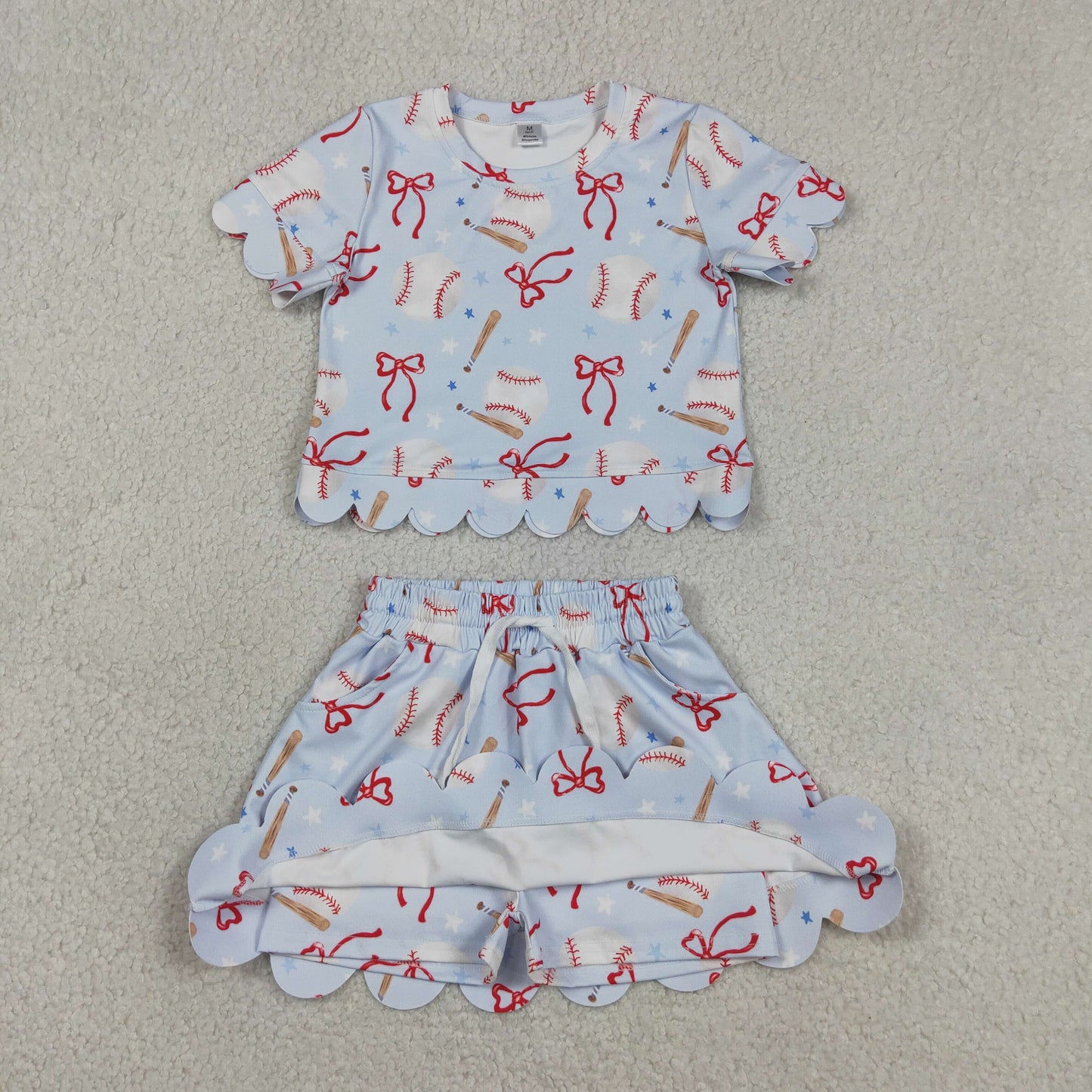 GSD3656 RTS NO MOQ （In stock ）Short sleeves baseball bow scallop top skirt girls active outfit