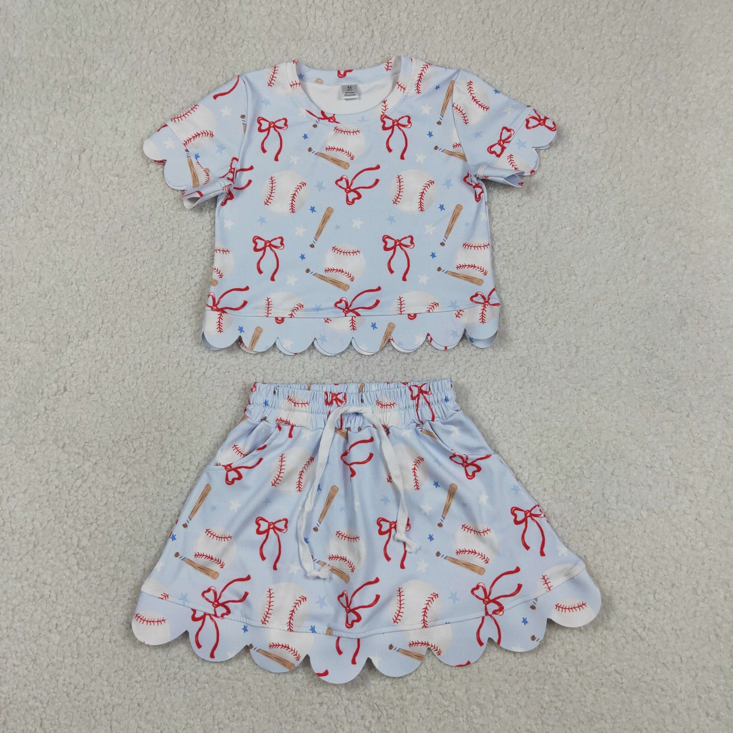 GSD3656 RTS NO MOQ （In stock ）Short sleeves baseball bow scallop top skirt girls active outfit
