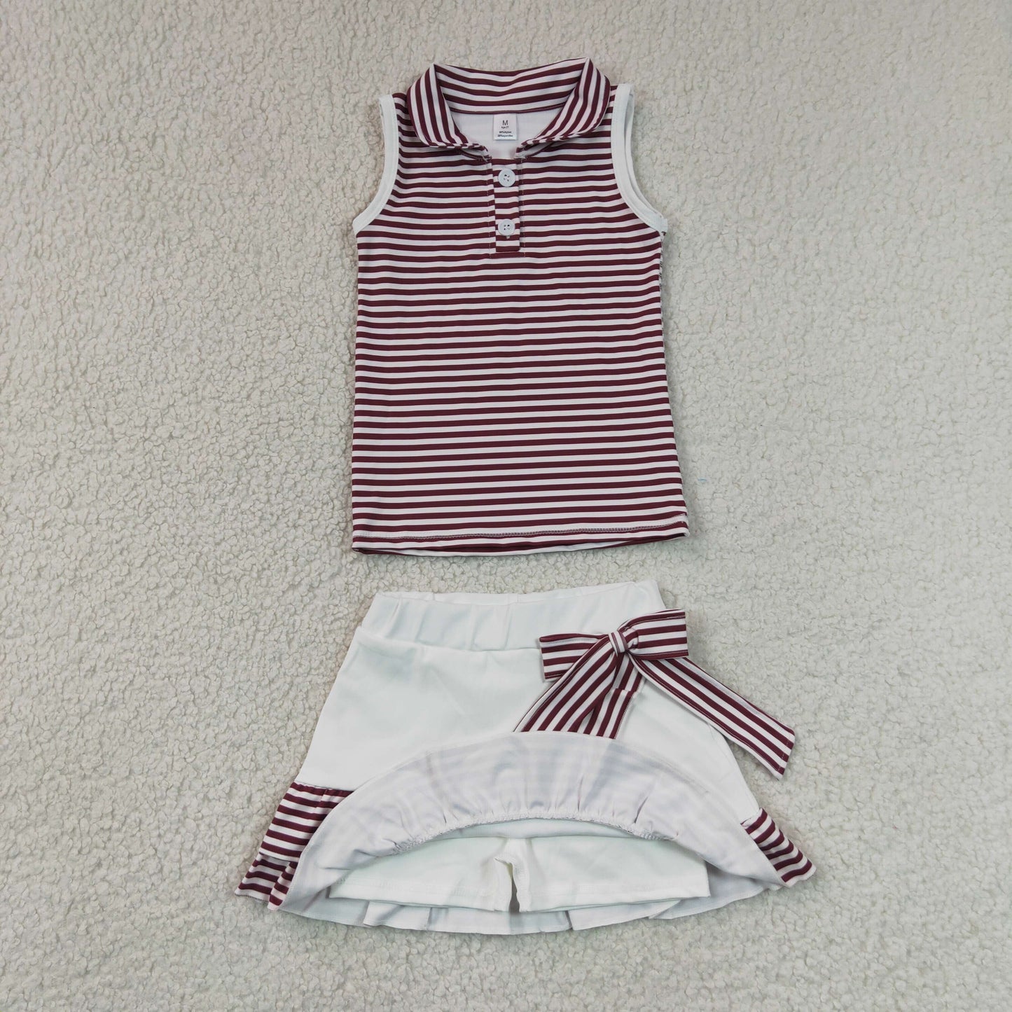7.6 GSD3662 RTS NO MOQ （In stock）Baby Girls Dark Red Stripe Collar Top Ruffle Skort Yoga Wear