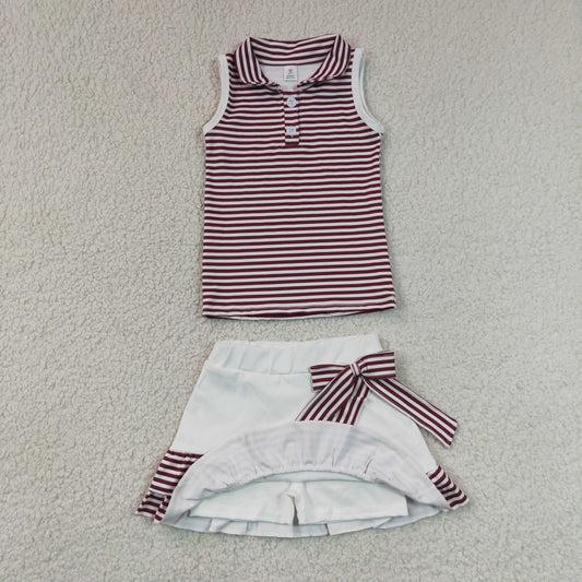 7.6 GSD3662 RTS NO MOQ （In stock）Baby Girls Dark Red Stripe Collar Top Ruffle Skort Yoga Wear