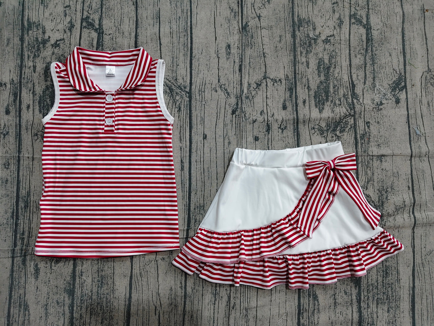 4.23 GSD3662 Sample No Moq Baby Girls Dark Red Stripe Button Collar Top Ruffle Skirt Shorts Yoga Active Clothes Sets