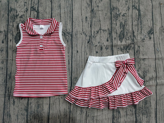 4.23 GSD3662 Sample No Moq Baby Girls Dark Red Stripe Button Collar Top Ruffle Skirt Shorts Yoga Active Clothes Sets