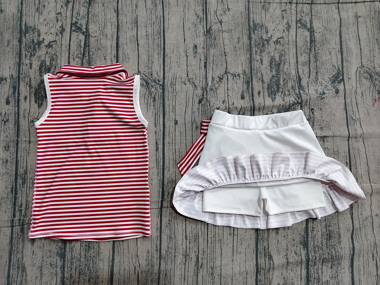 4.23 GSD3662 Sample No Moq Baby Girls Dark Red Stripe Button Collar Top Ruffle Skirt Shorts Yoga Active Clothes Sets