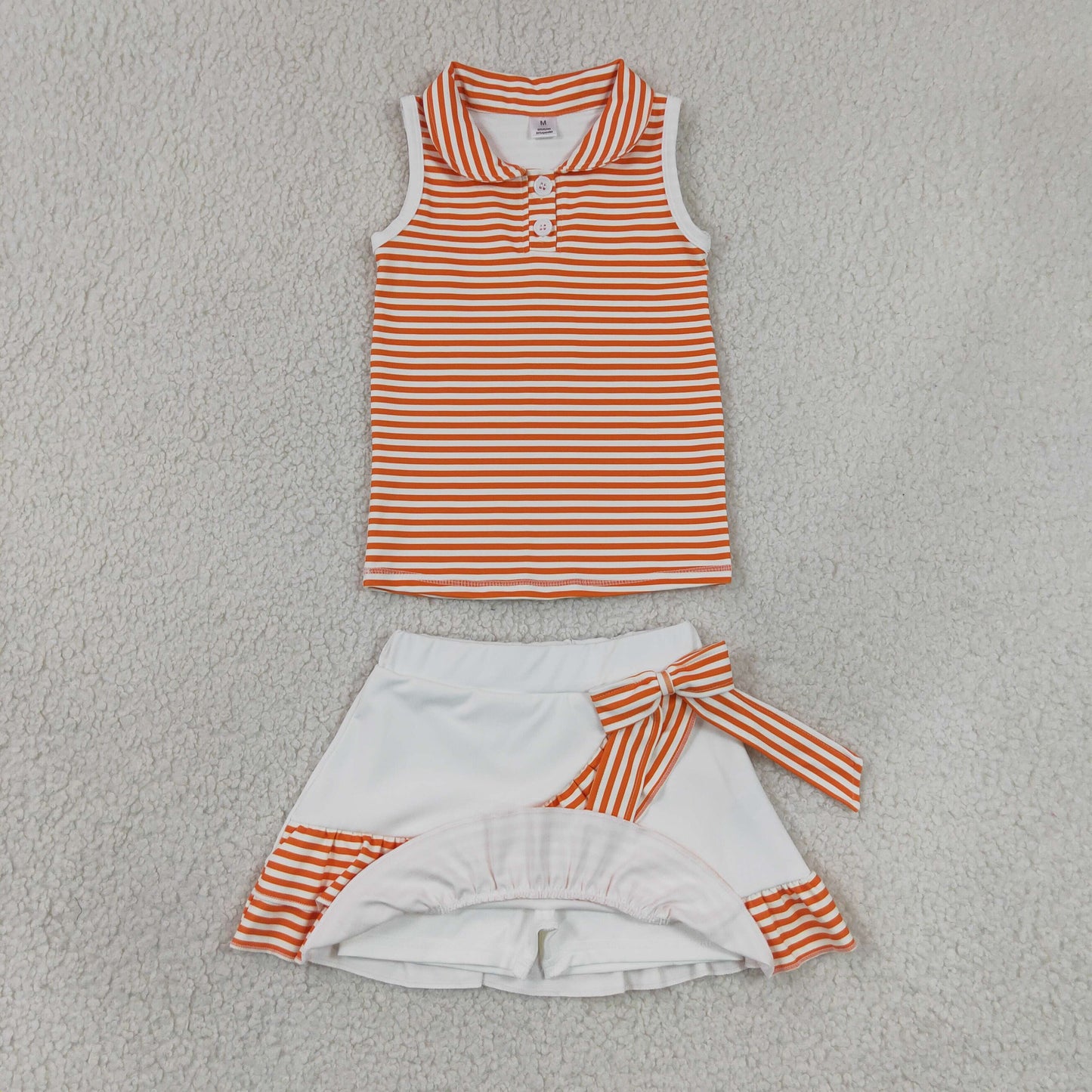 GSD3663 RTS NO MOQ （In stock）Sleeveless orange stripe polo top skirt girls team active outfit