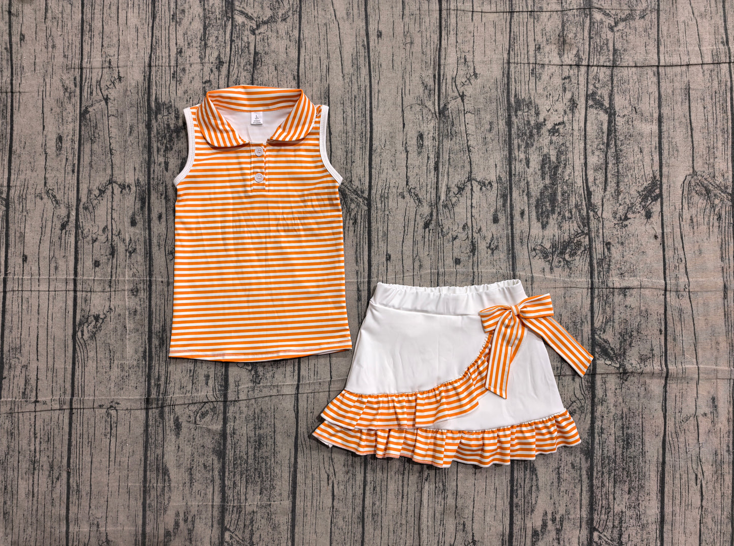 5.28 GSD3663 Sample No Moq Sleeveless orange stripe polo top skirt girls team active outfit