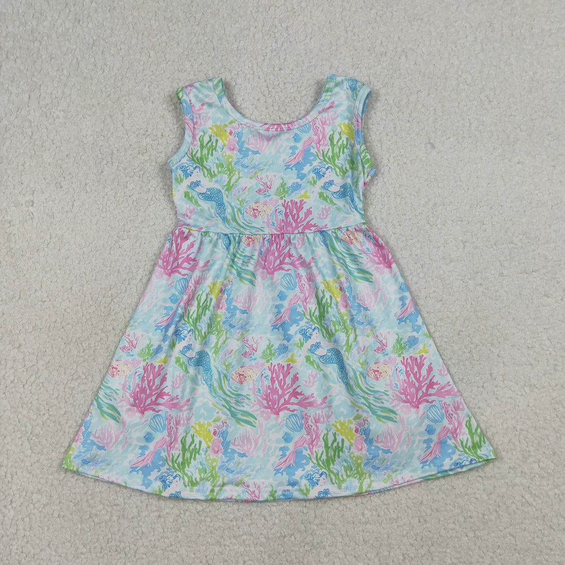 3.26 RTS Sibling Baby Girls Sleeveless Colorful Sea Plants Knee Length Dress Rompers
