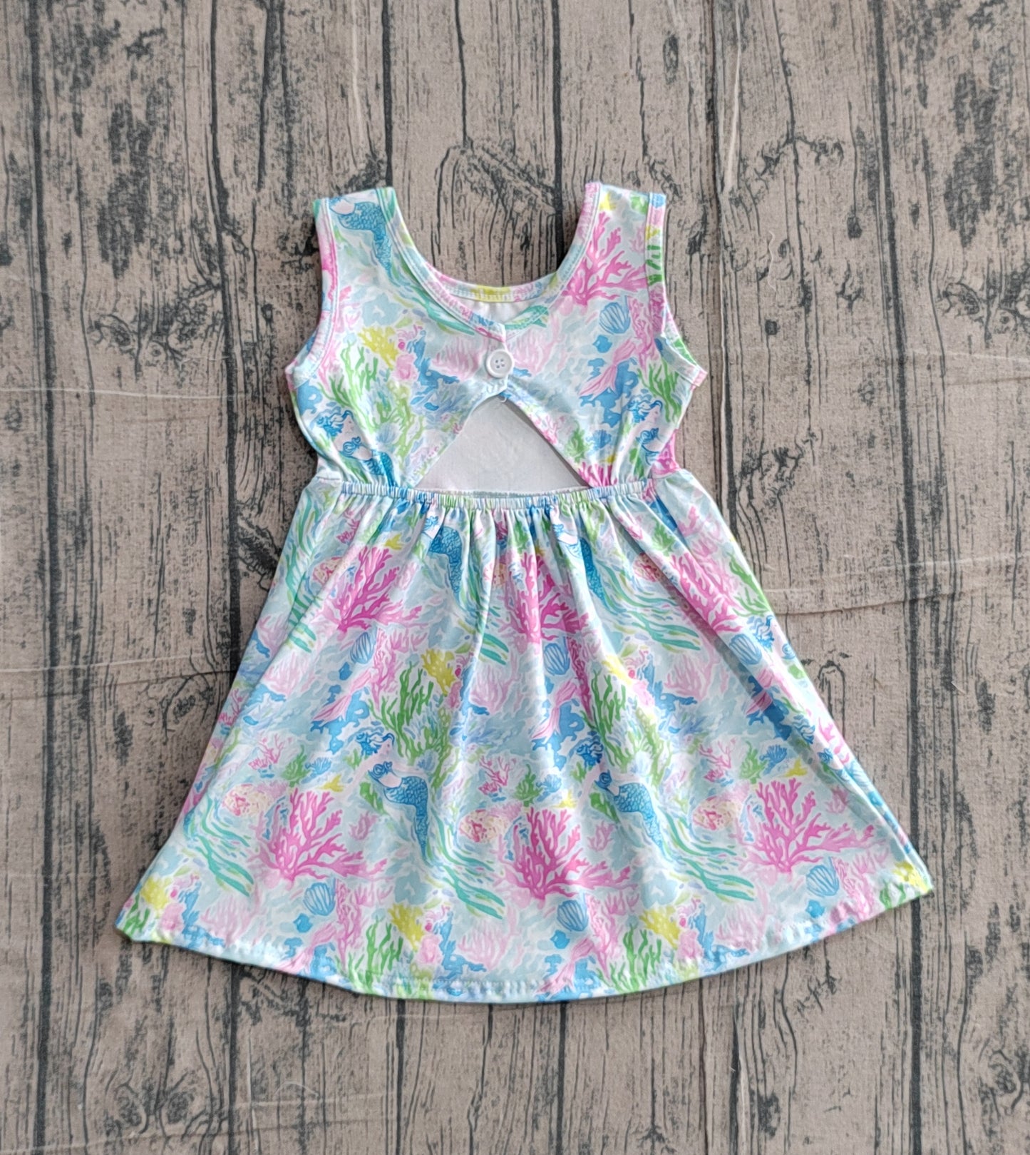 3.10 GSD3665 Sample No Moq Baby Girls Colorful Sea Plants Back Button Shorts Knee Length Dresses