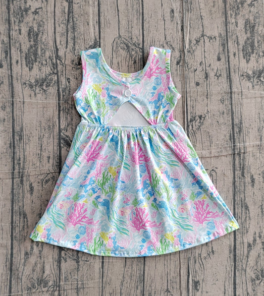 3.10 GSD3665 Sample No Moq Baby Girls Colorful Sea Plants Back Button Shorts Knee Length Dresses