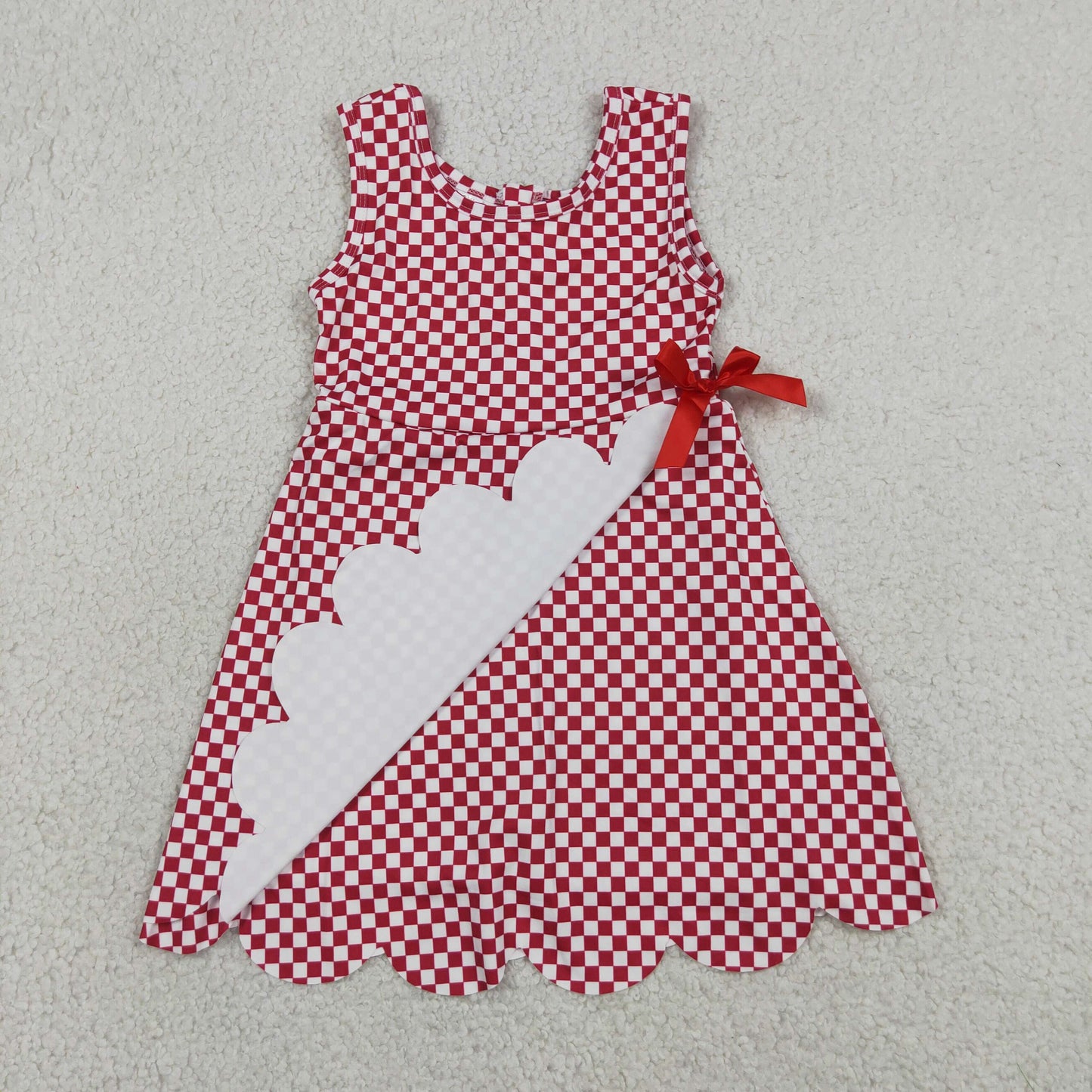 GSD3669 RTS NO MOQ （In stock）Sleeveless plaid scallop bow kids girls athletic dress