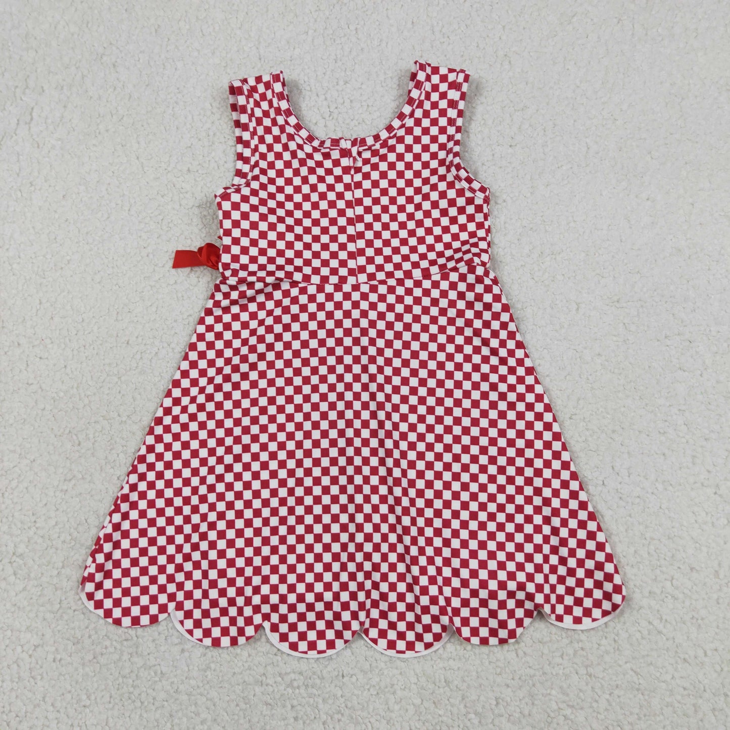 GSD3669 RTS NO MOQ （In stock）Sleeveless plaid scallop bow kids girls athletic dress