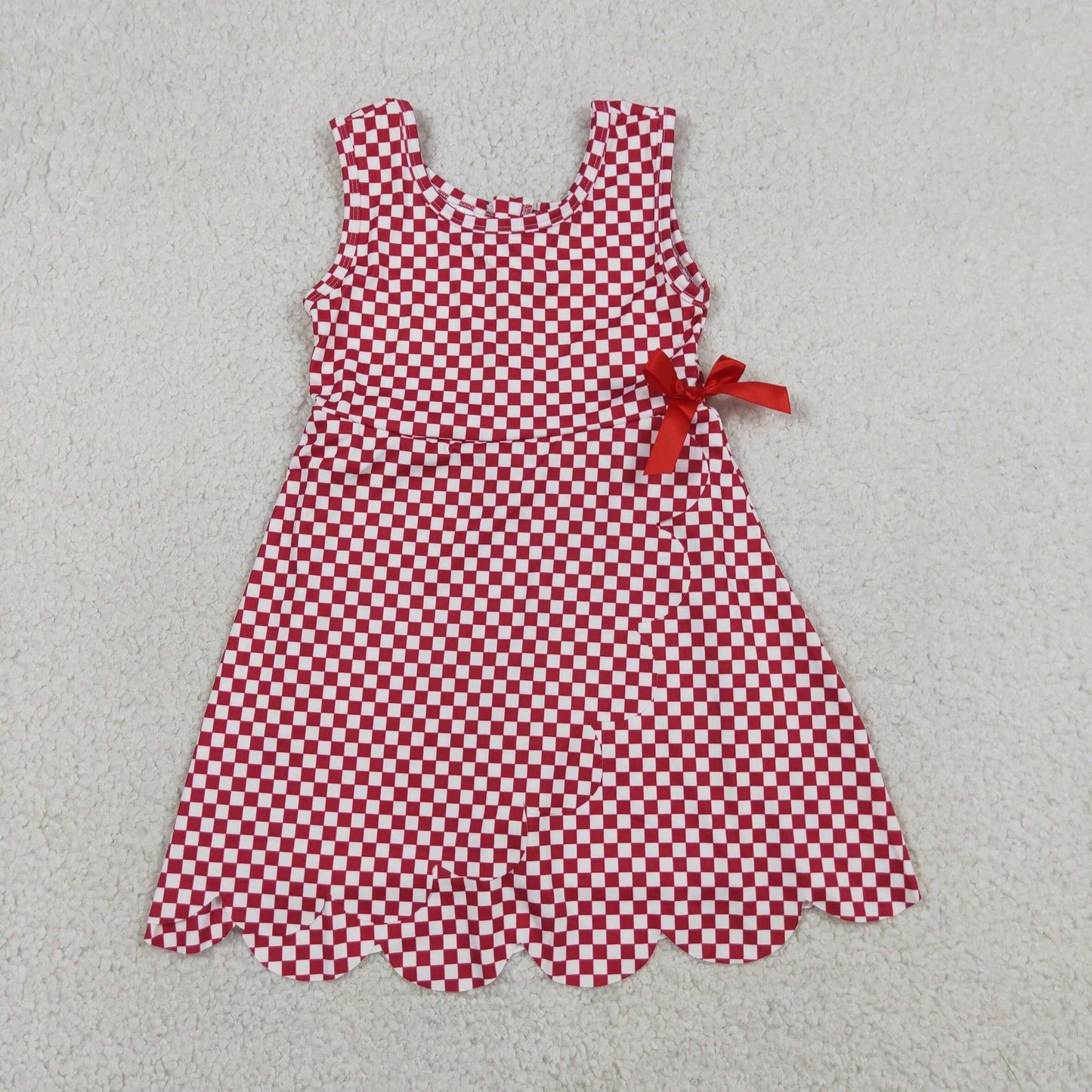 GSD3669 RTS NO MOQ （In stock）Sleeveless plaid scallop bow kids girls athletic dress