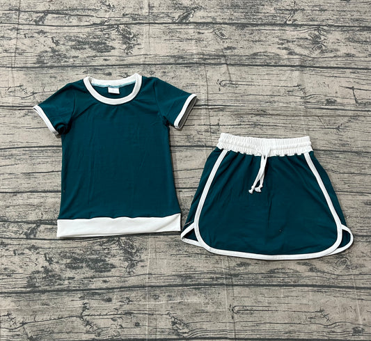 3.14 GSD3670 Sample No Moq Baby Girls Summer Dark Green Top Skirt Shorts Cotton Clothes Sets