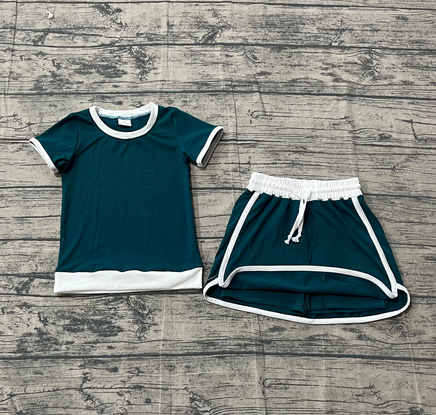 3.14 GSD3670 Sample No Moq Baby Girls Summer Dark Green Top Skirt Shorts Cotton Clothes Sets