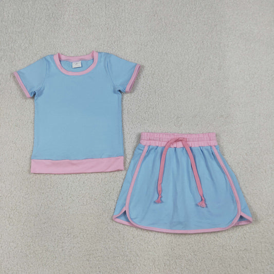 3.31 RTS NO MOQ （In stock）GSD3671 Light blue pink cotton top skirt kids girls summer outfits