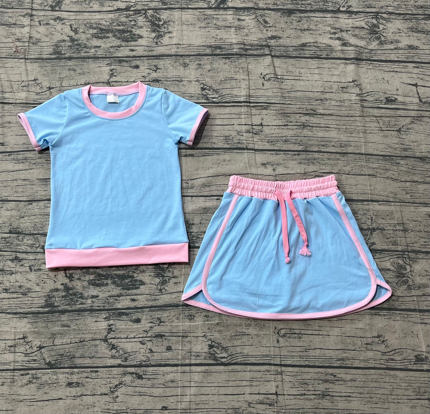 3.14 GSD3671  Sample No Moq Baby Girls Summer Light Blue Top Skirt Shorts Cotton Clothes Sets