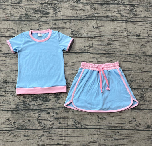 3.14 GSD3671  Sample No Moq Baby Girls Summer Light Blue Top Skirt Shorts Cotton Clothes Sets