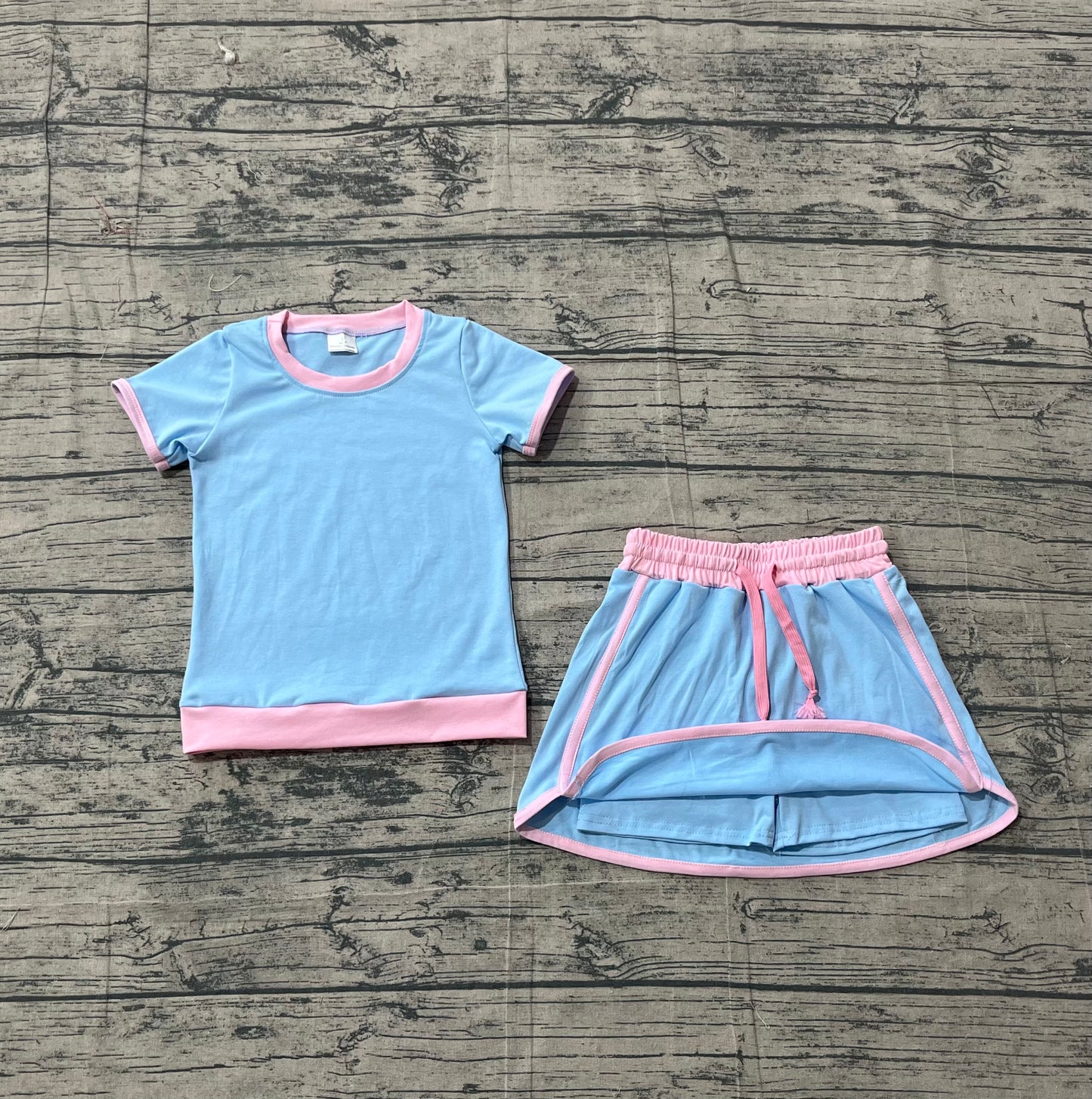 3.14 GSD3671  Sample No Moq Baby Girls Summer Light Blue Top Skirt Shorts Cotton Clothes Sets