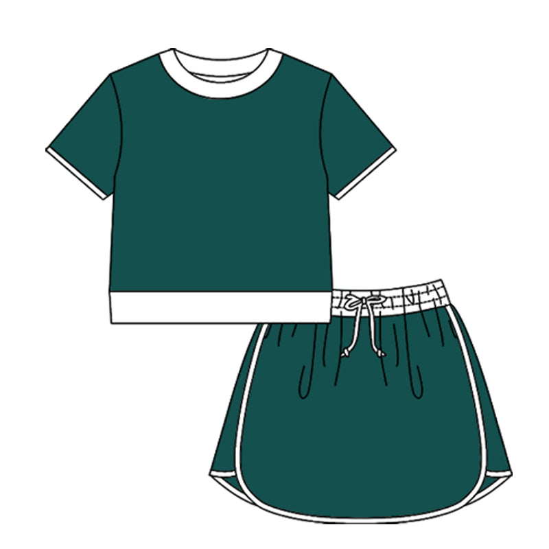 1.17 RTS NO MOQ （In stock）GSD3673 Adult Women Dark Green Short Sleeve Top Skirt Shorts Yoga Active Clothes Set