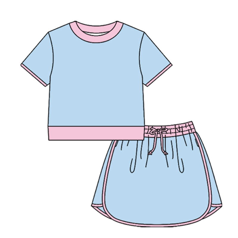 1.17 RTS NO MOQ （In stock）GSD3674 Adult Women Light Blue Short Sleeve Top Skirt Shorts Yoga Active Clothes Set