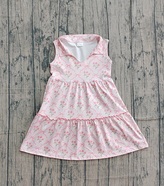 3.7 GSD3678 Sample No Moq Baby Girls Sleeveless Pink Bow Flowers Checked Patchwork Knee Length Dress