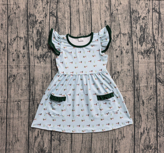 2.2 GSD3679 Sample No Moq Baby Girls Flutter Sleeve Ducks Pockets Hunting Knee Length Dress