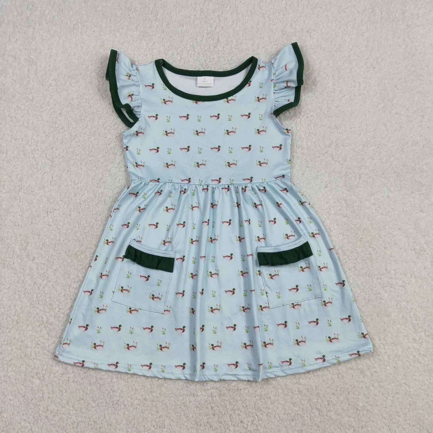 3.5 RTS NO MOQ （In stock）GSD3679 Kids Fashion Flutter Sleeve Ducks Pockets Hunting Knee Length Dress