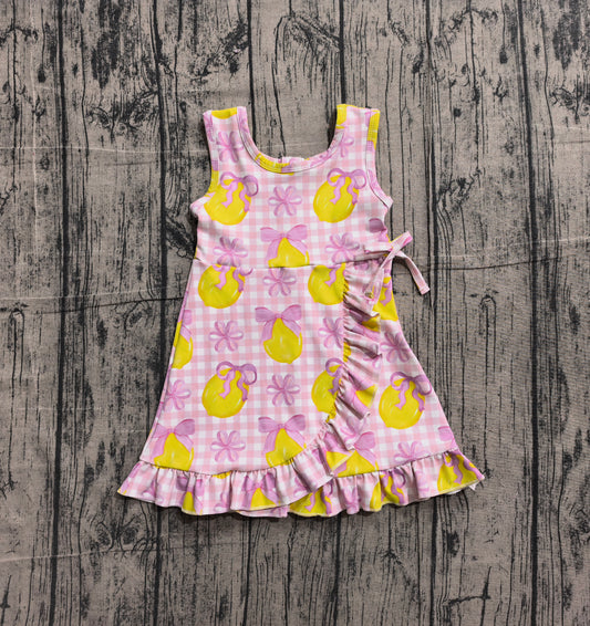 2.2 GSD3683 Sample No Moq Yoga fabric Baby Girls Pink Checked Bows Lemons Yoga Active Scallop Shorts Knee Length Dress
