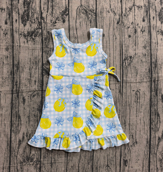 2.2 GSD3684 Sample No Moq Yoga fabric Baby Girls Blue Checked Bows Lemons Yoga Active Scallop Shorts Knee Length Dress
