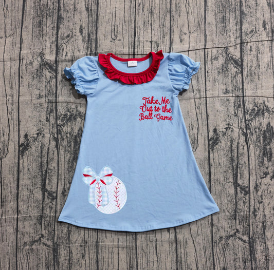 1.31 GSD3685 Sample No Moq Embroidery Baby Girls Baseballs Bows Team Collar Knee Length Dresses
