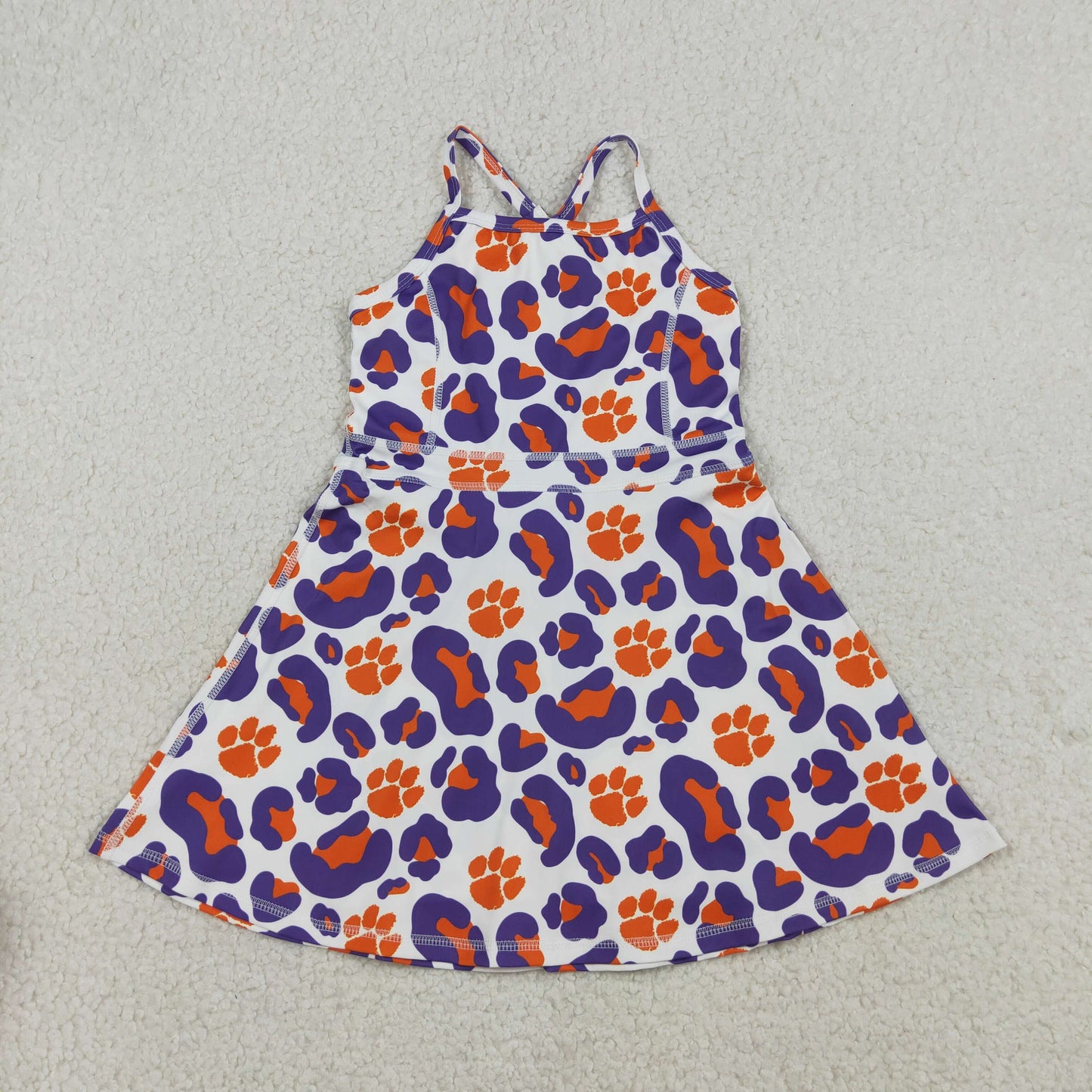 3.26 RTS NO MOQ （In stock）GSD3687 Kids Fashion Clothes Baby Girls Strap Leopard Pawls Team Yoga Active Shorts Knee Length Dress