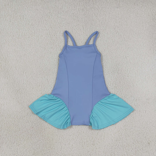RTS NO MOQ （In stock）yoga fabric GSD3693 Baby Girls Blue Strap Yoga Active Shorts Knee Length Dress