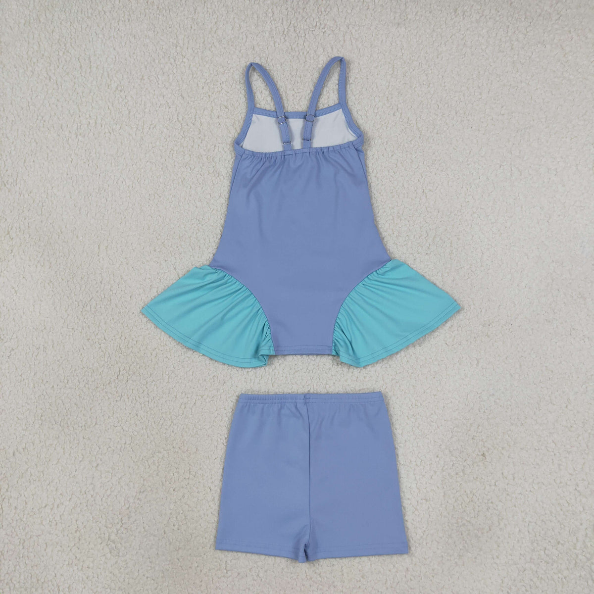 RTS NO MOQ （In stock）yoga fabric GSSO3264（GSD3693+SS0831） Yoga Baby Girls Blue Strap Tunic Shorts Yoga Active Clothes Set