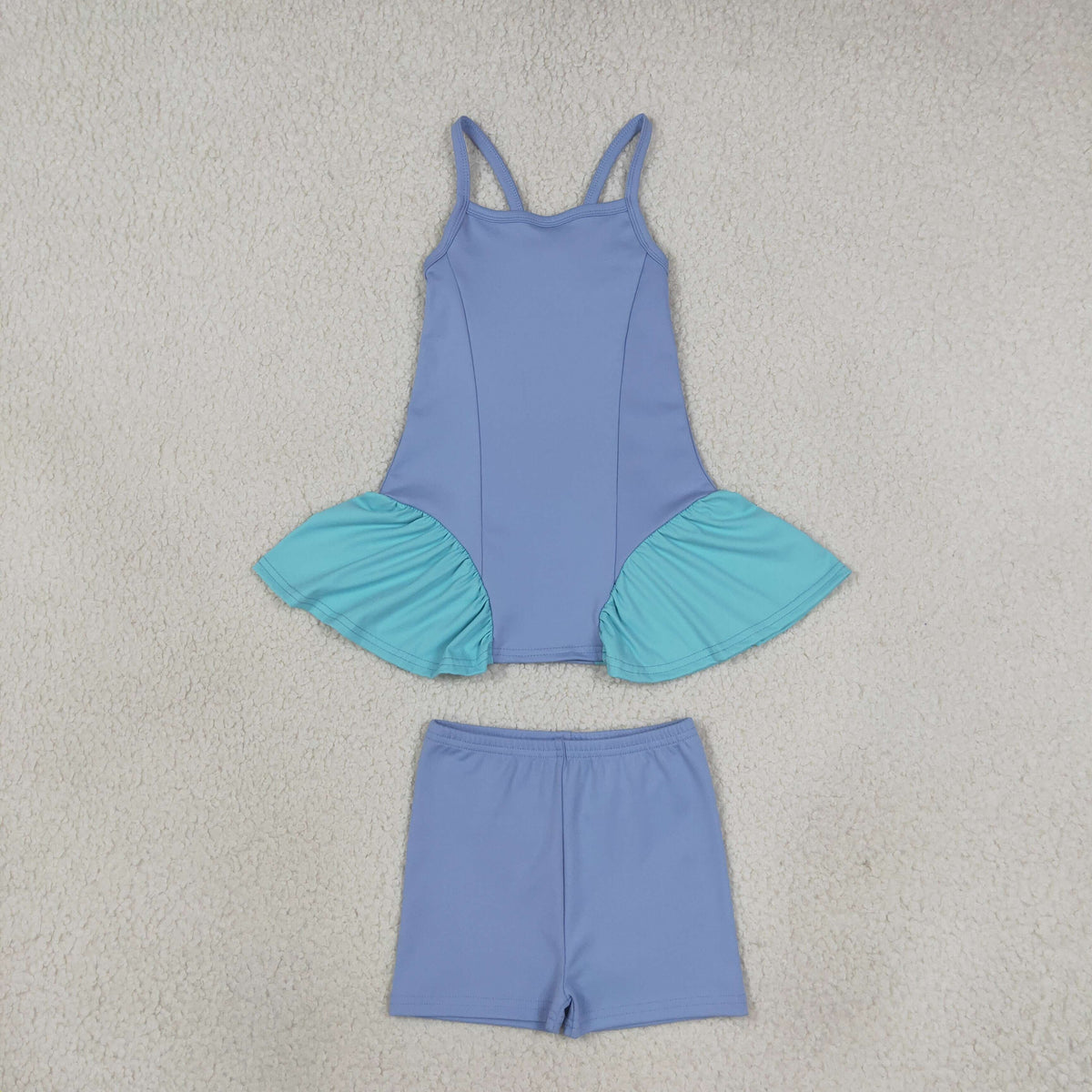 RTS NO MOQ （In stock）yoga fabric GSSO3264（GSD3693+SS0831） Yoga Baby Girls Blue Strap Tunic Shorts Yoga Active Clothes Set