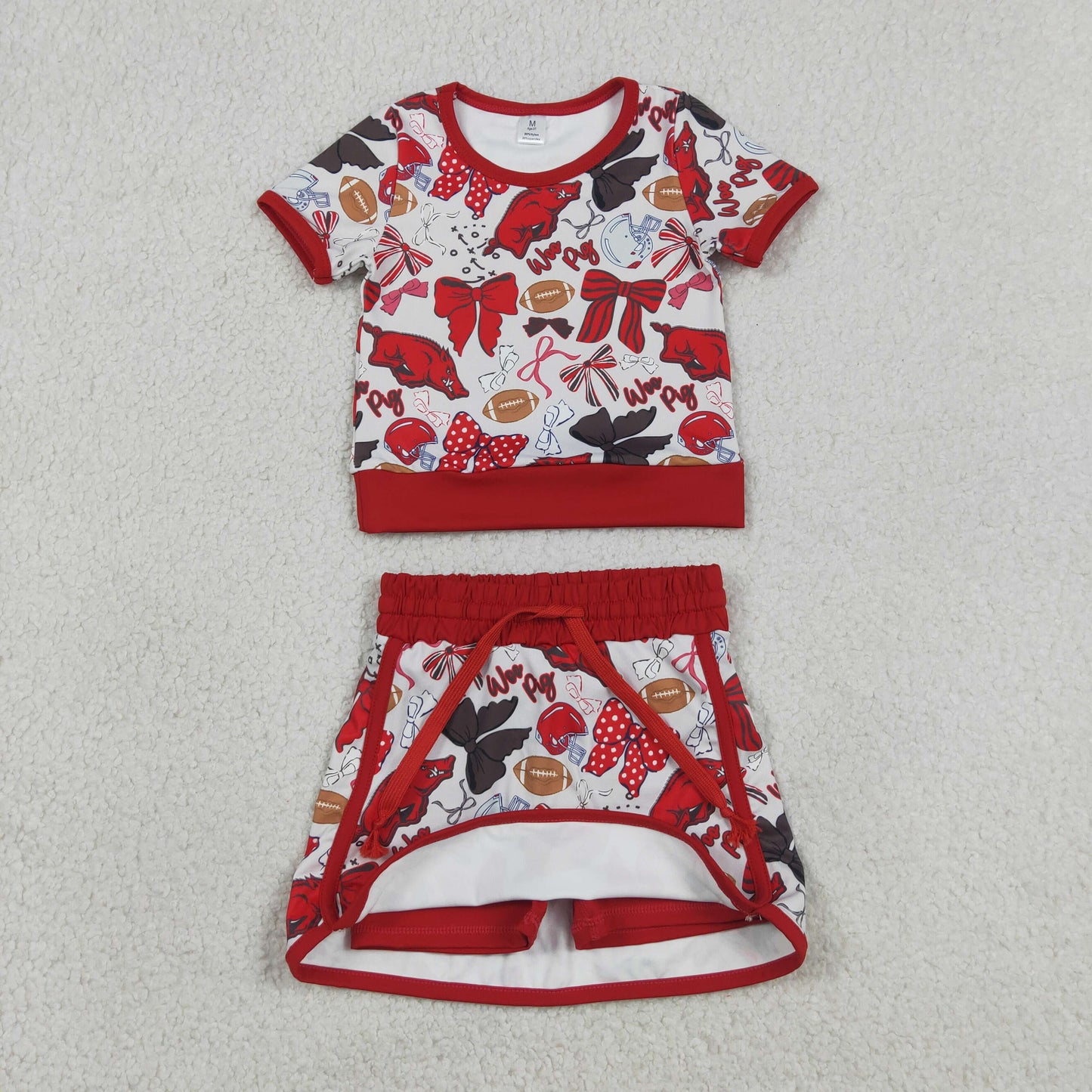 GSD3696 RTS NO MOQ （In stock ）Short sleeves bow top skirt girls team active wear set
