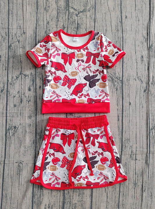 2.4 GSD3696 Sample No Moq Yoga fabric Baby Girls Bow Football Red Bulls Top Skirt Short Team Yoga Active Clothes Sets