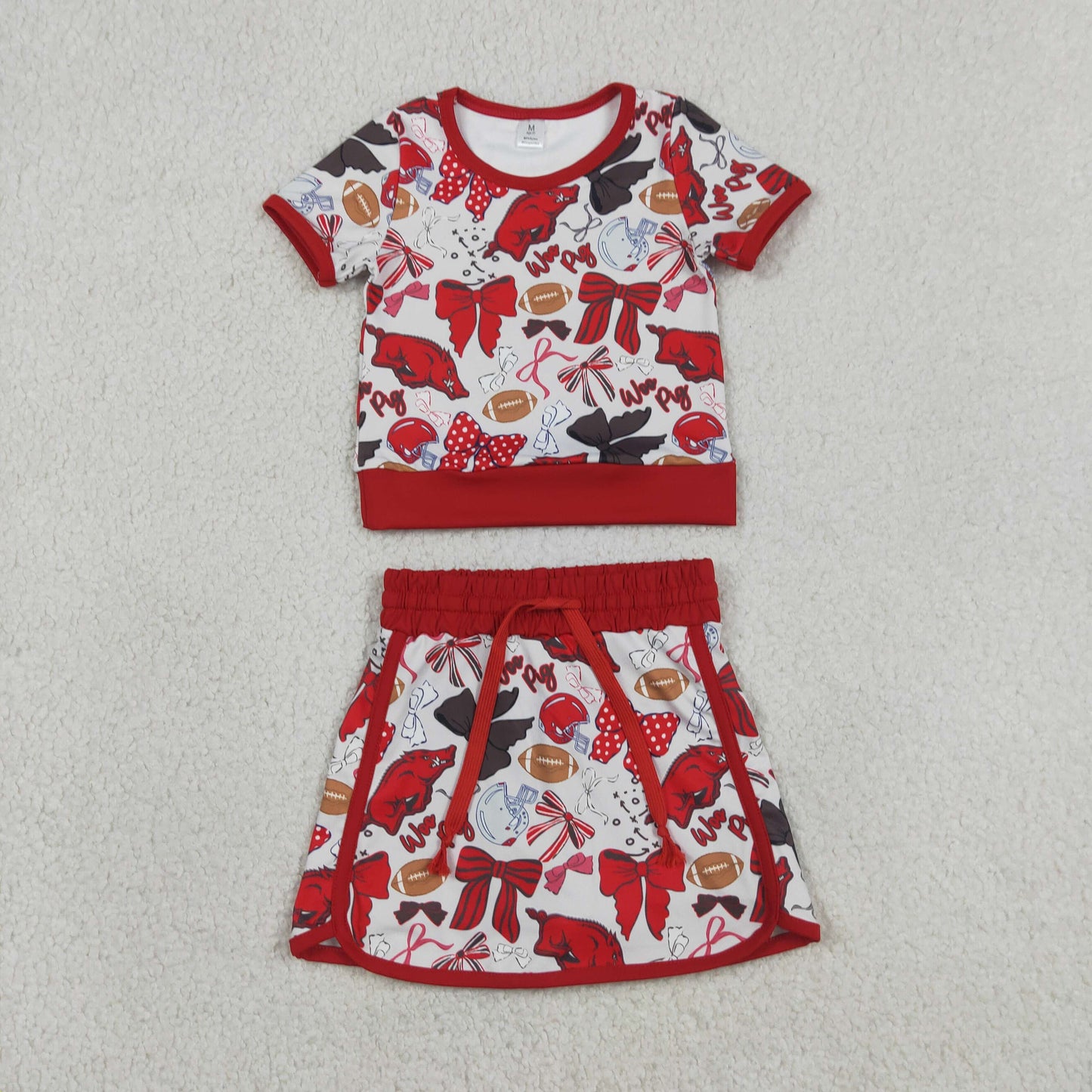 GSD3696 RTS NO MOQ （In stock ）Short sleeves bow top skirt girls team active wear set