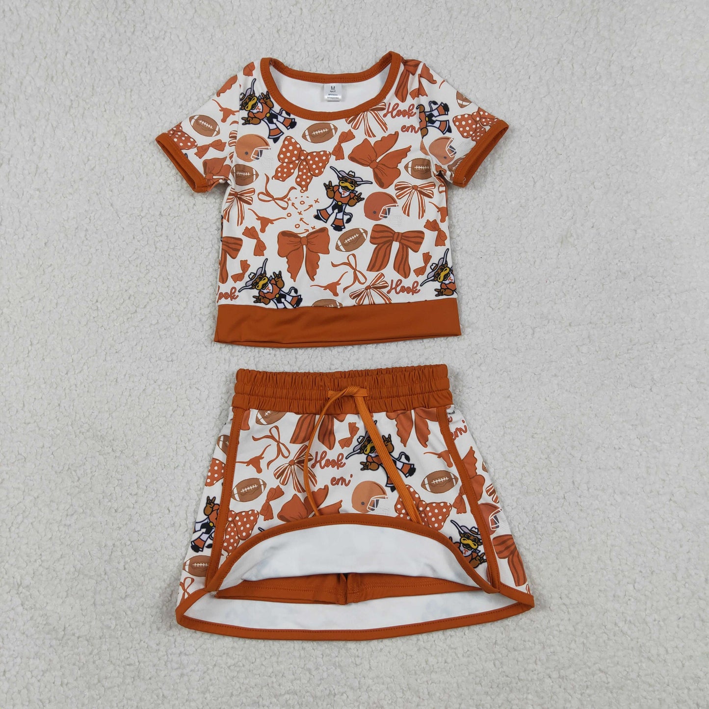 GSD3697 RTS NO MOQ （In stock ）Short sleeves football bow top skirt girls team active wear set
