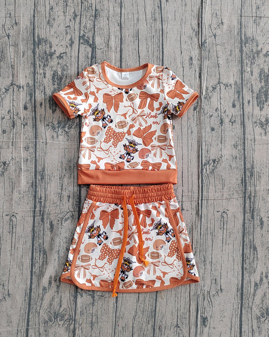 2.4 GSD3697 Sample No Moq Yoga fabric Baby Girls Bow Football Bull Skulls Top Skirt Short Team Yoga Active Clothes Sets