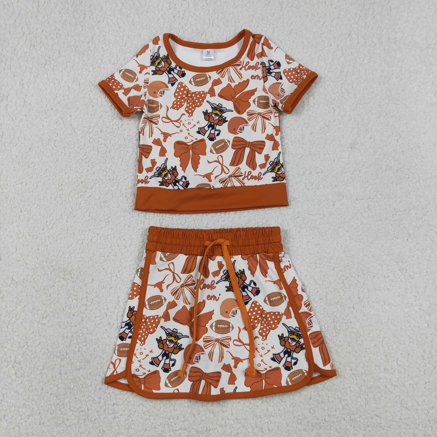 GSD3697 RTS NO MOQ （In stock ）Short sleeves football bow top skirt girls team active wear set