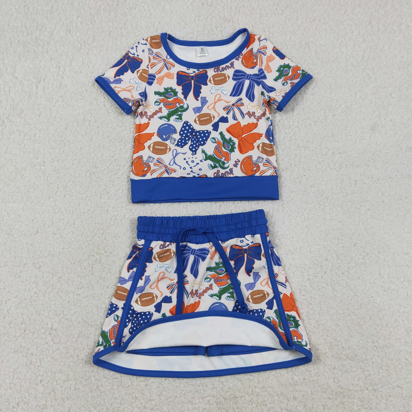 GSD3698 RTS NO MOQ （In stock ）Blue bow top skirt girls team active wear set