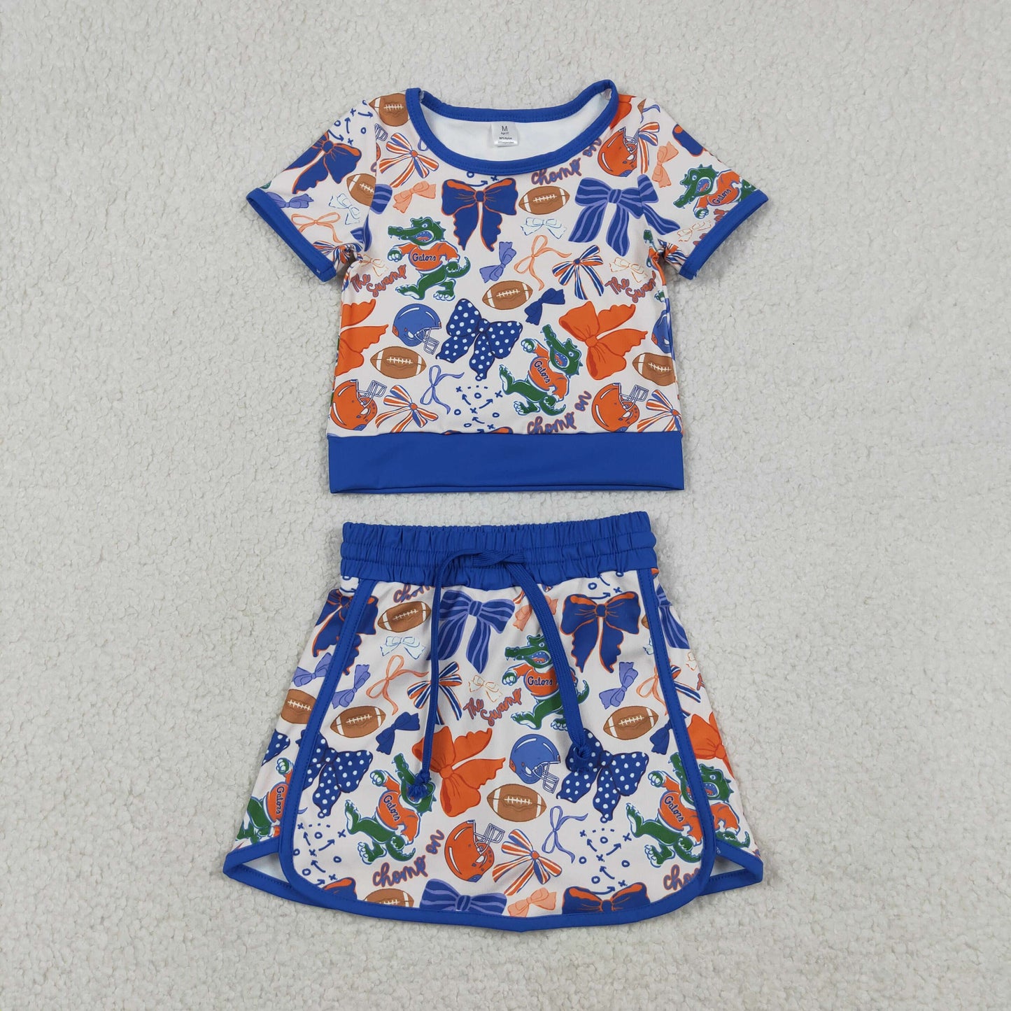 GSD3698 RTS NO MOQ （In stock ）Blue bow top skirt girls team active wear set