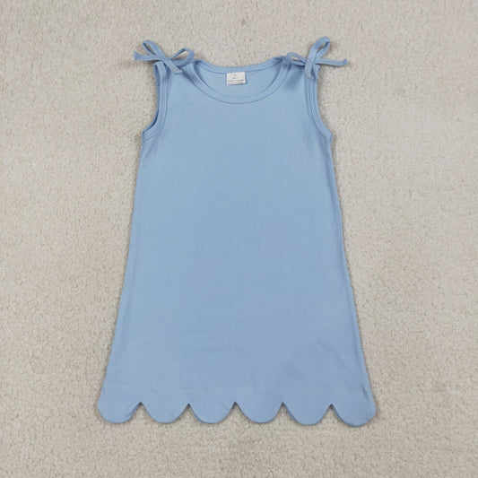 3.23 RTS NO MOQ （In stock）GSD3705 Kids Fashion Clothes Baby Girls Sleeveless Bows Light Blue Scallop Knee Length Dresses