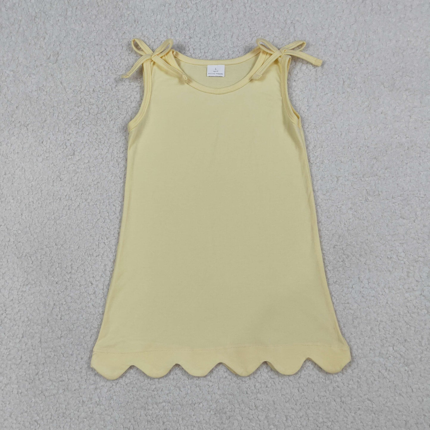 3.21 RTS NO MOQ （In stock）GSD3707 Kids Fashion Clothes Baby Girls Sleeveless Bows Light Yellow Scallop Knee Length Dresses
