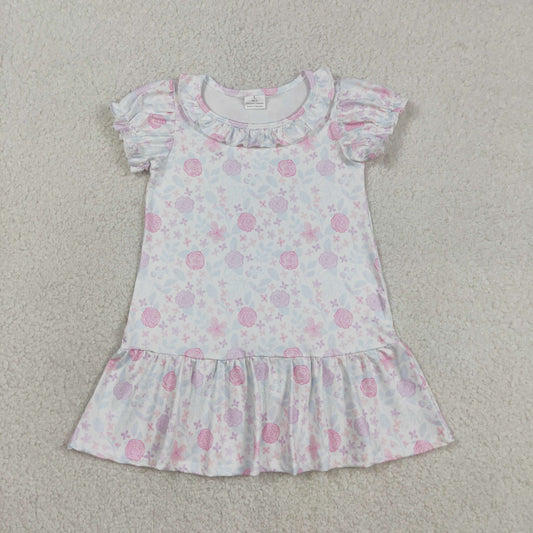3.14 RTS NO MOQ （In stock）GSD3717 Kids Fashion Clothes Baby Girls Short Sleeve Pink Lavender Flowers Ruffle Knee Length Dresses